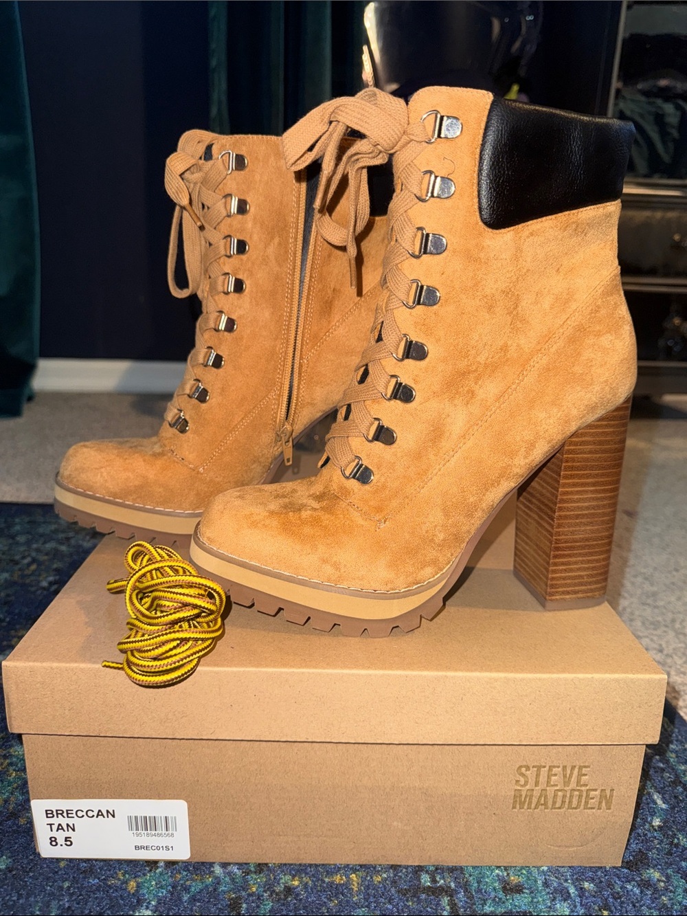 Steve Madden Tan Suede Lace-Up Block Heel Boots